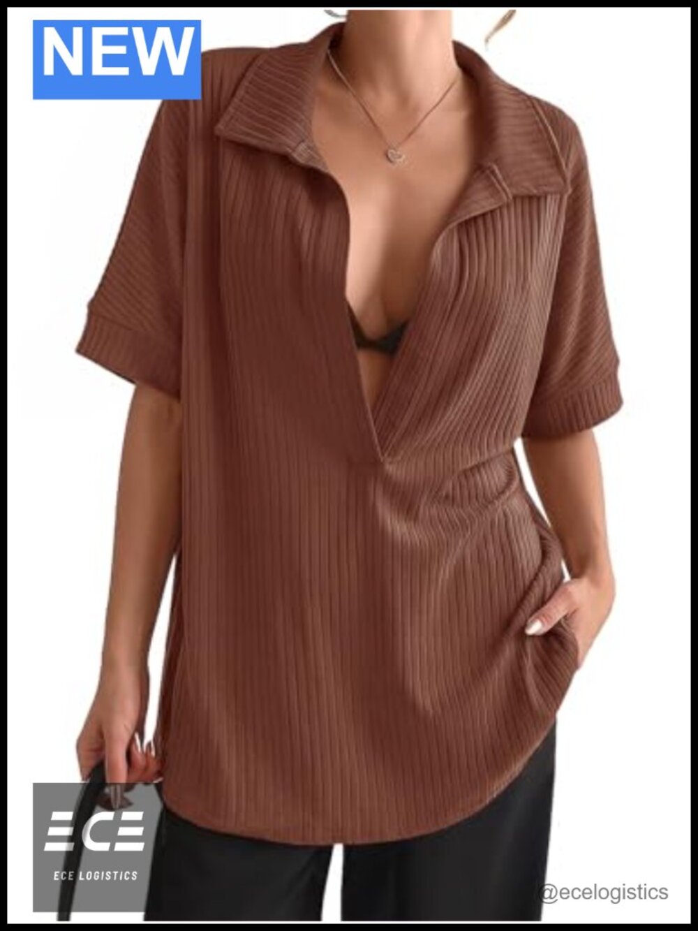 Womens Short Sleeve Ribbed Knit Oversized V Neck Collared Pullover Top